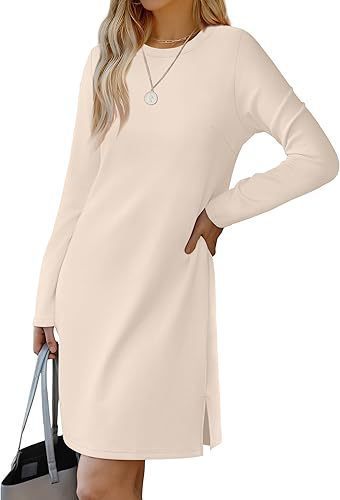 European And American Round Neck Slit Hemline At Hem Sweater Long Sleeve Casual Dress