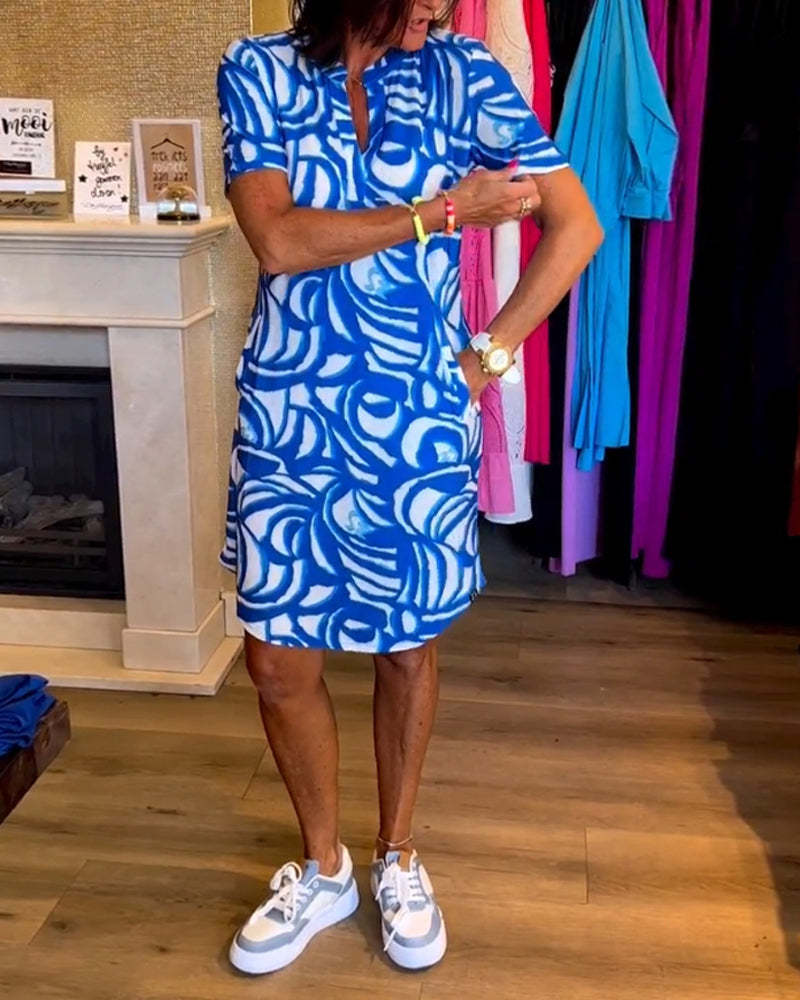 Women's Fashion Temperament Short Sleeve Printed V-neck Dress