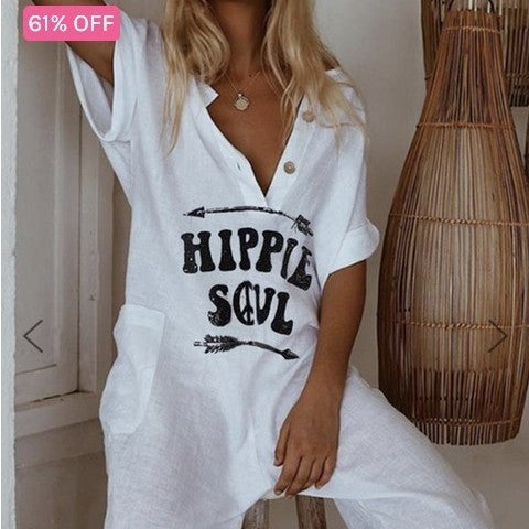 Women's Printed Lettered Casual Jumpsuit