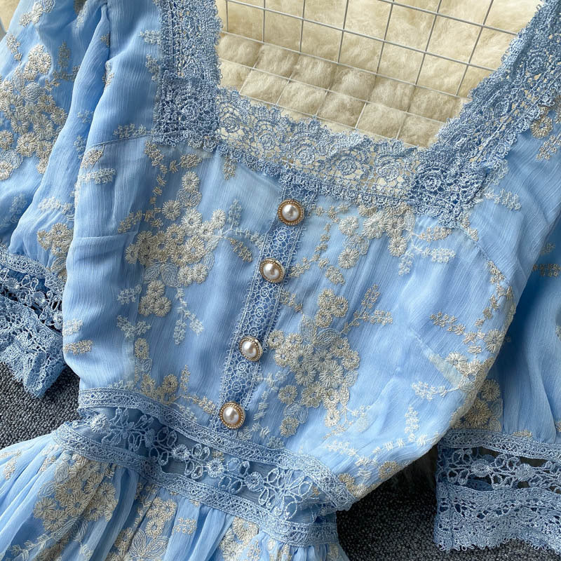 Women's Vintage Heavy Duty Embroidered Lace Square Neck Slim Fit Mid Length Ruffle Dress