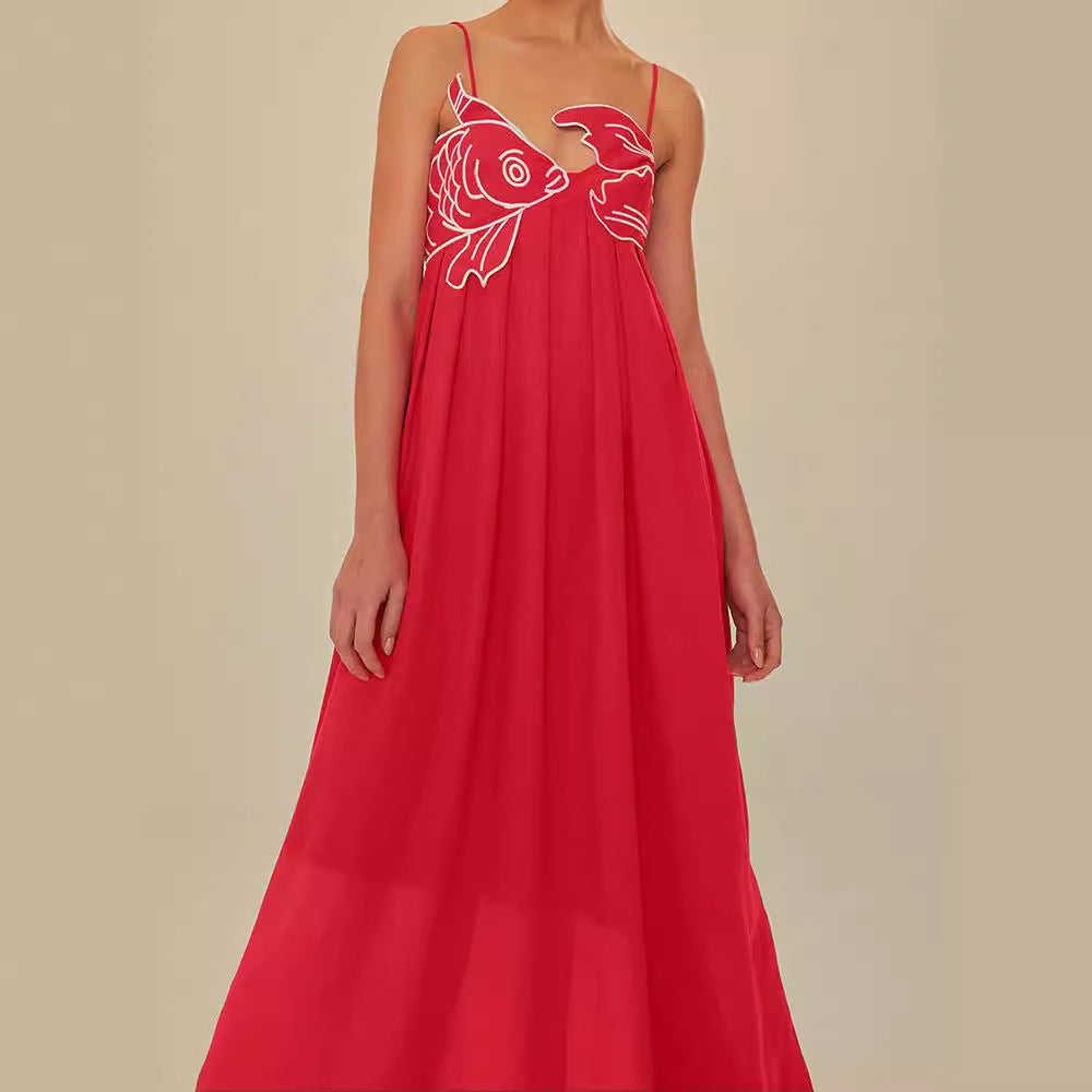 Red Fish-shaped Top Extra Long Dress Backless Slip Dress