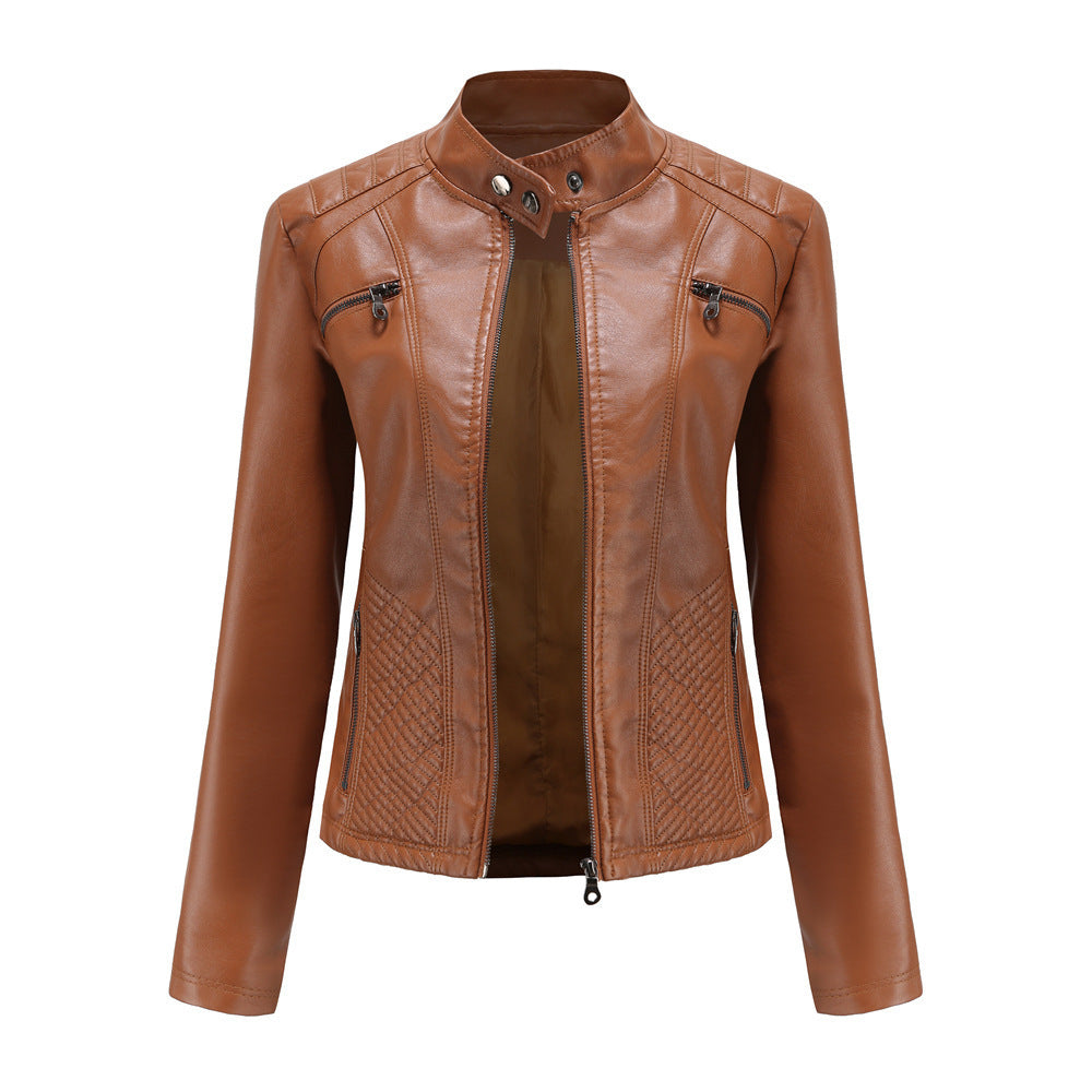Women's Fashion Standing Collar Faux Leather Slim Type Without Belt Long Sleeve Jacket