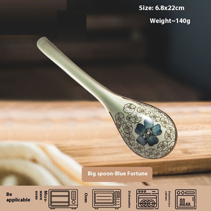 Household Ceramic Long Handle Scoop And Spoon Deep Mouth Soup Bowl