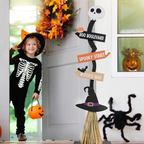 Halloween Glowing Wooden Witch Broom Decoration Ornaments