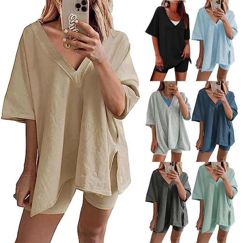 Women's Fashion Short Sleeve T-shirt High Waist Figure Flattering Shorts Casual Two Pieces