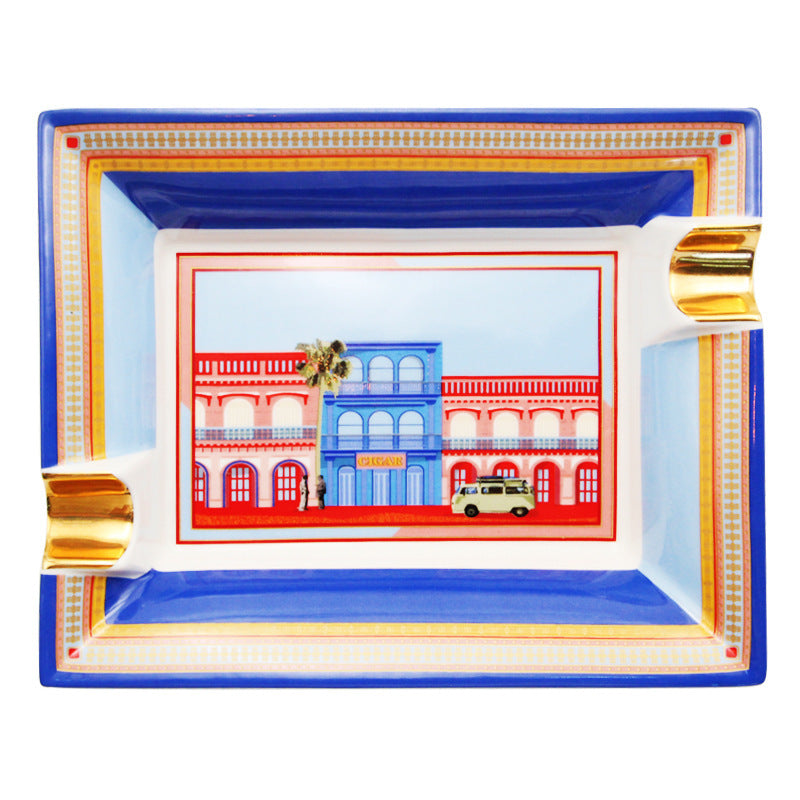 Fashion Creative Large Capacity Square Painted Ceramic Cigar Ashtray