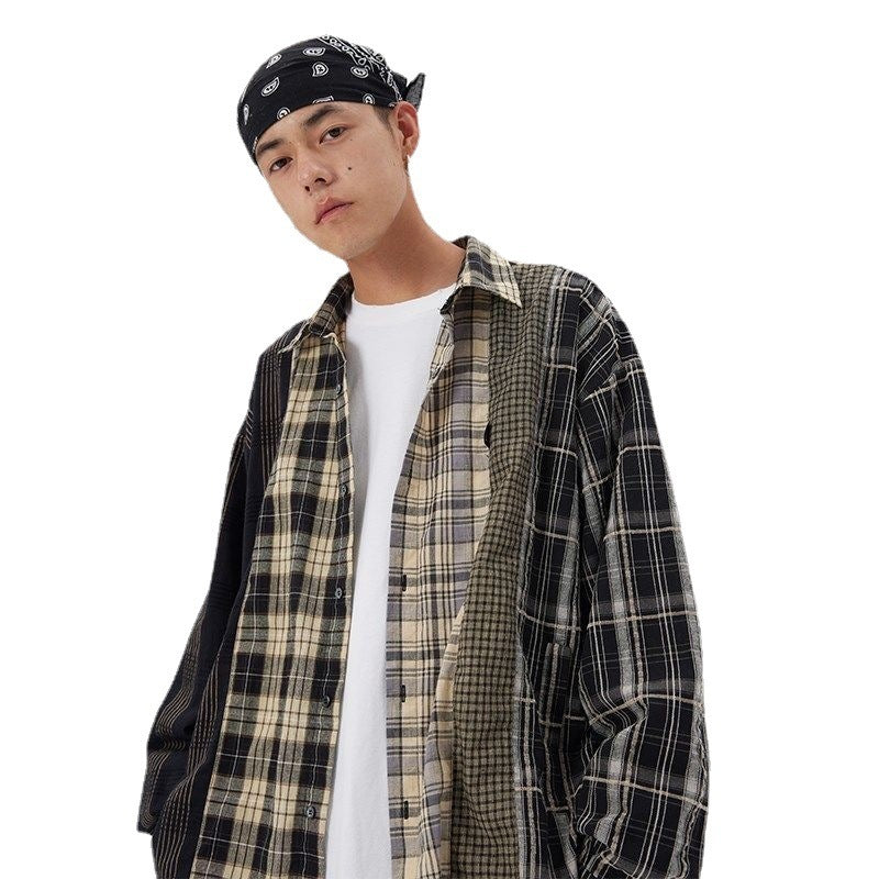 American Retro Stitching Plaid Casual Shirt For Men