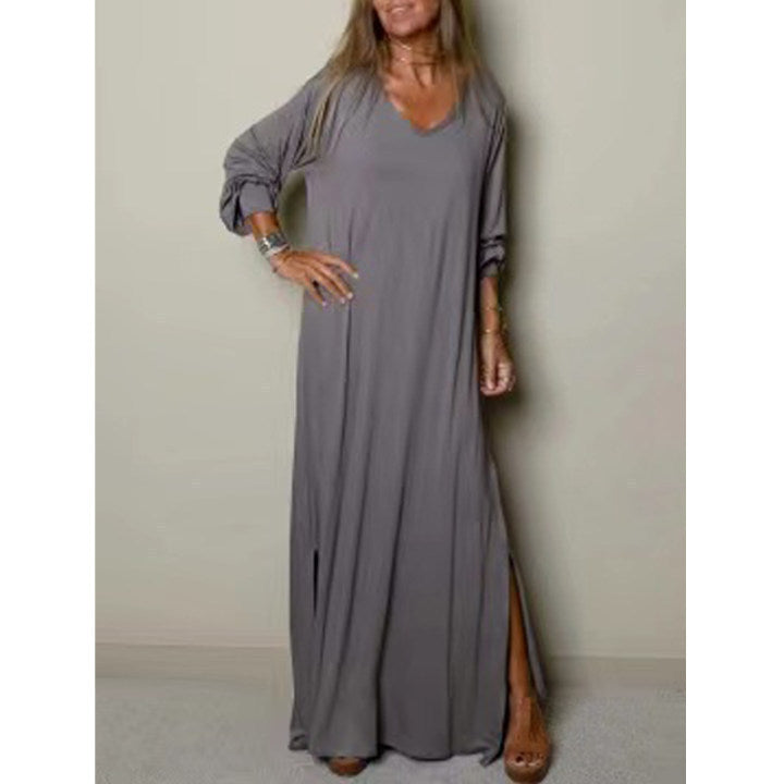 Cross-border Amazon Hot Sale Ladies Casual Robe Plain Long Sleeve Split Dress