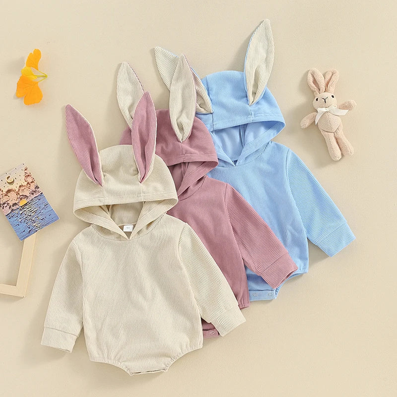 Boys And Girls Long Sleeve Corduroy Hooded Rabbit Ear Romper