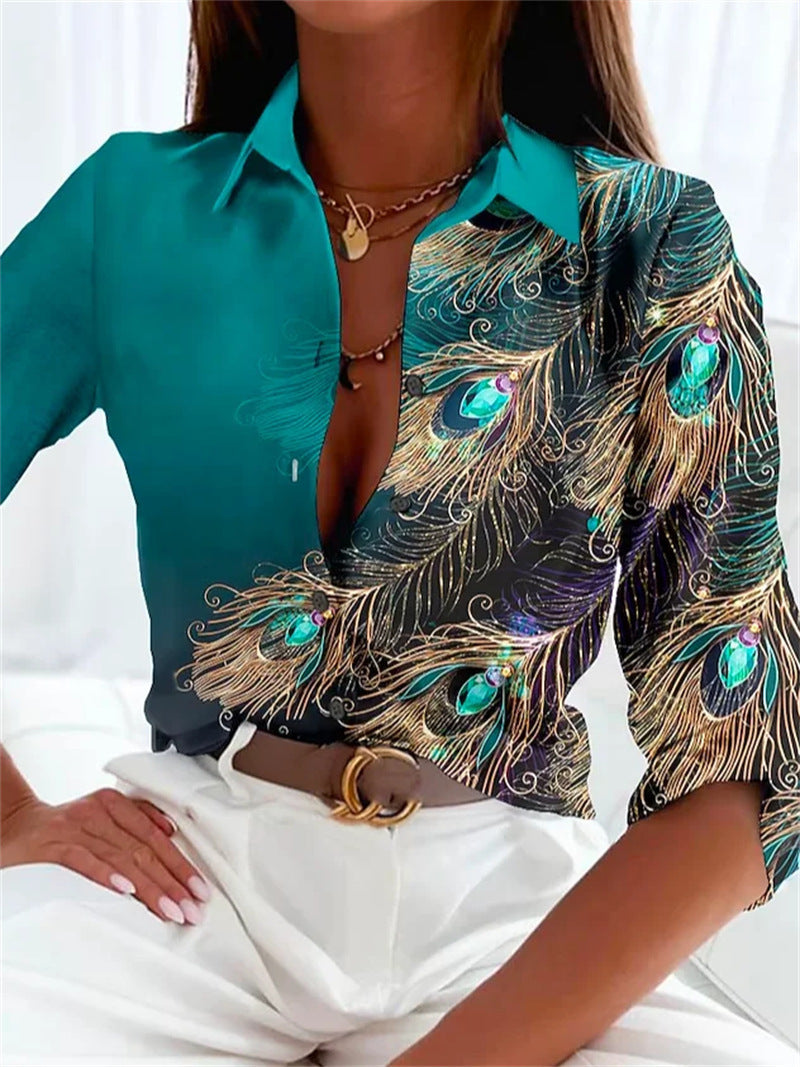 Jewel Feather 3D Digital Printing Long Sleeve Shirt