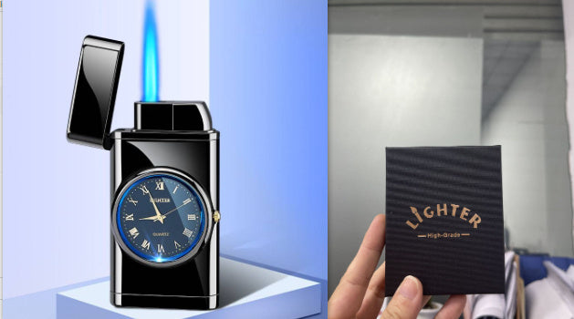 New Lighter With Electric Watch Rocker Arm Automatic Ignition Straight Blue Flame Lighter Creative Real Dial Inflatable Windproof Lighter Men's Watch Gift
