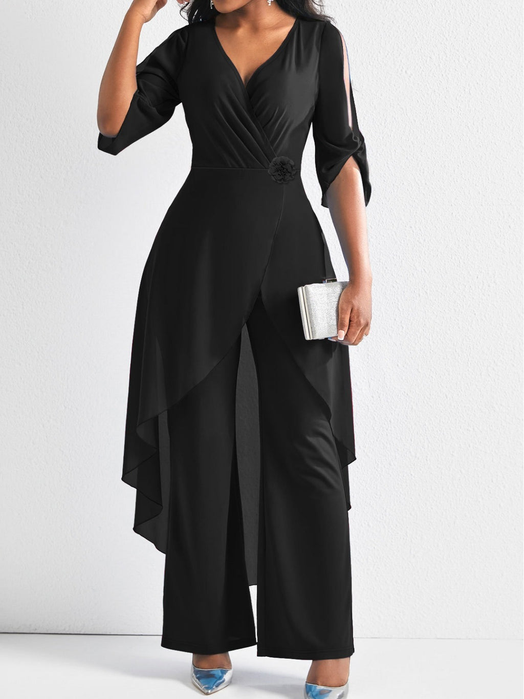 Casual Solid Color Elegant Slim V-neck Elegant One-piece Trousers