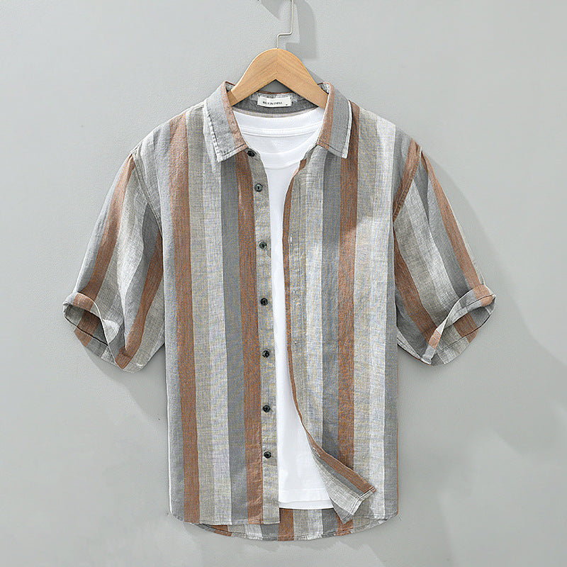 Summer Vintage Yarn-dyed Linen Five-point Sleeve Men's Contrasting Color Stripes Casual Lapel Large Size Cotton Hemp Shirt