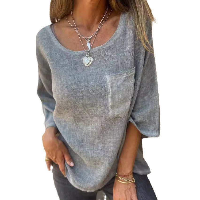 Round Neck Pullover Bat Three-quarter-length-sleeved T-shirt Pocket Color Matching