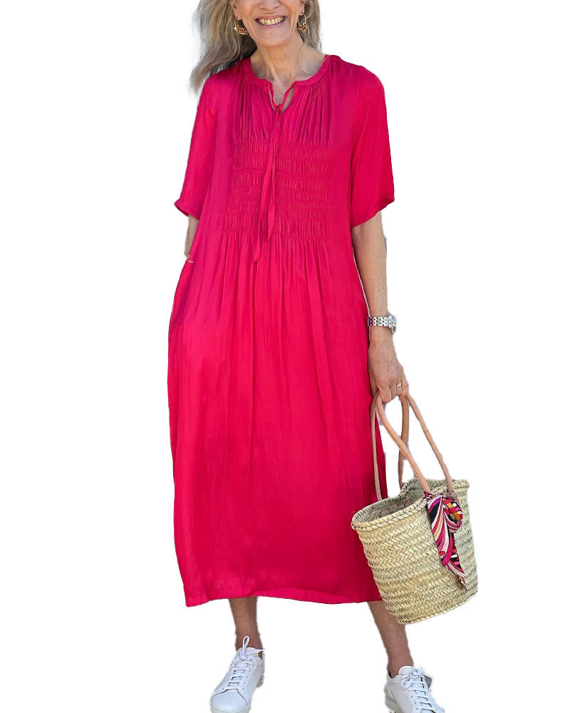 Summer New Casual Rope V-neck Solid Color Short Sleeve Dress Women