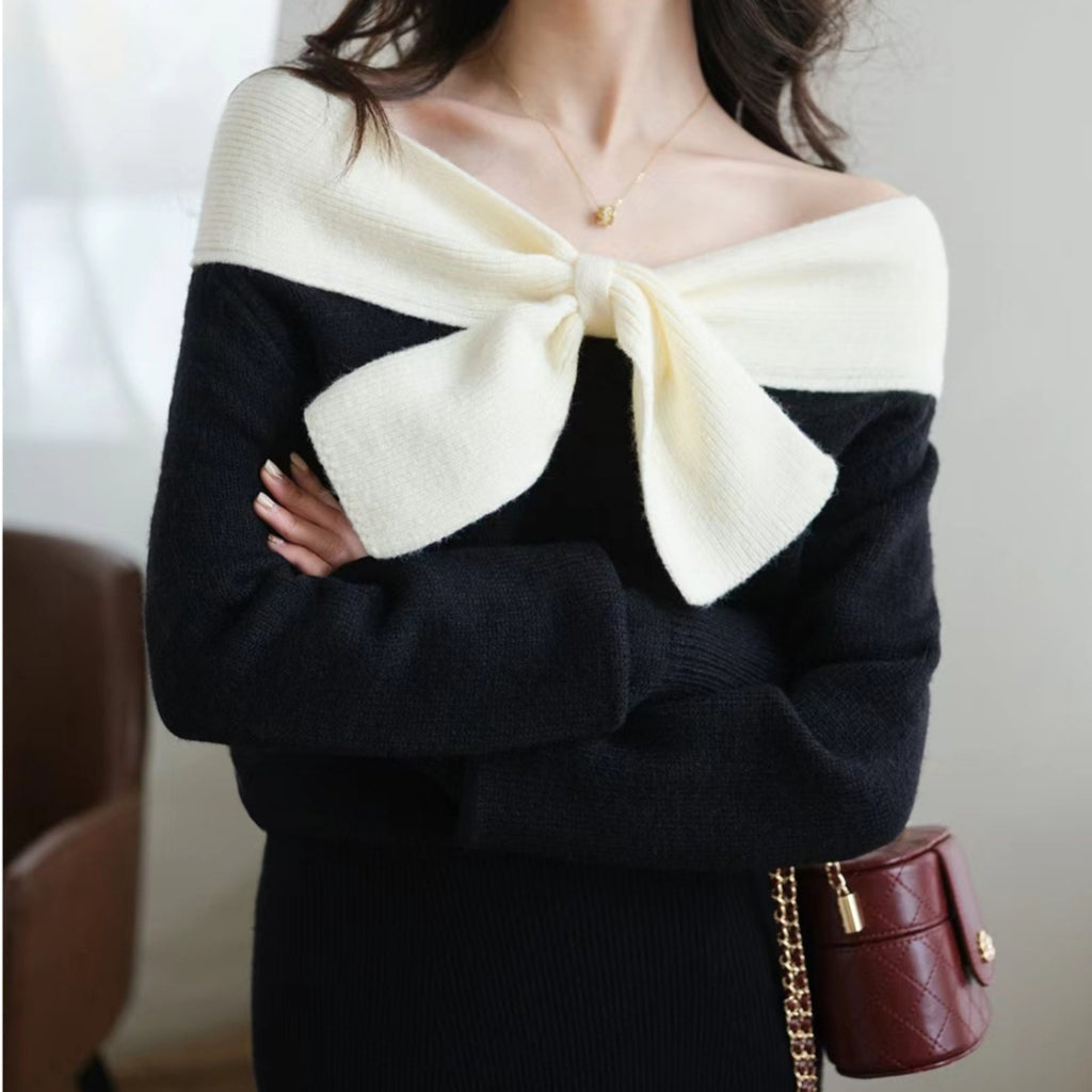 Design Niche Off-shoulder Bow Top Women's Spring New Black Knitted Chic Inner Wear T-shirt