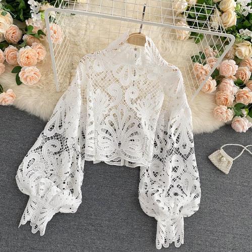 Design Sense Lace Hollow Top Stand-up Collar Puff Sleeve Loose Shirt