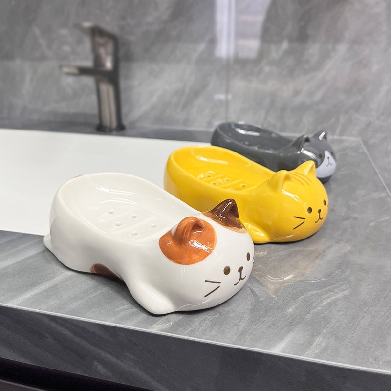 Japanese-style Sanhua Cat Ceramic Cat Soap Dish Bathroom