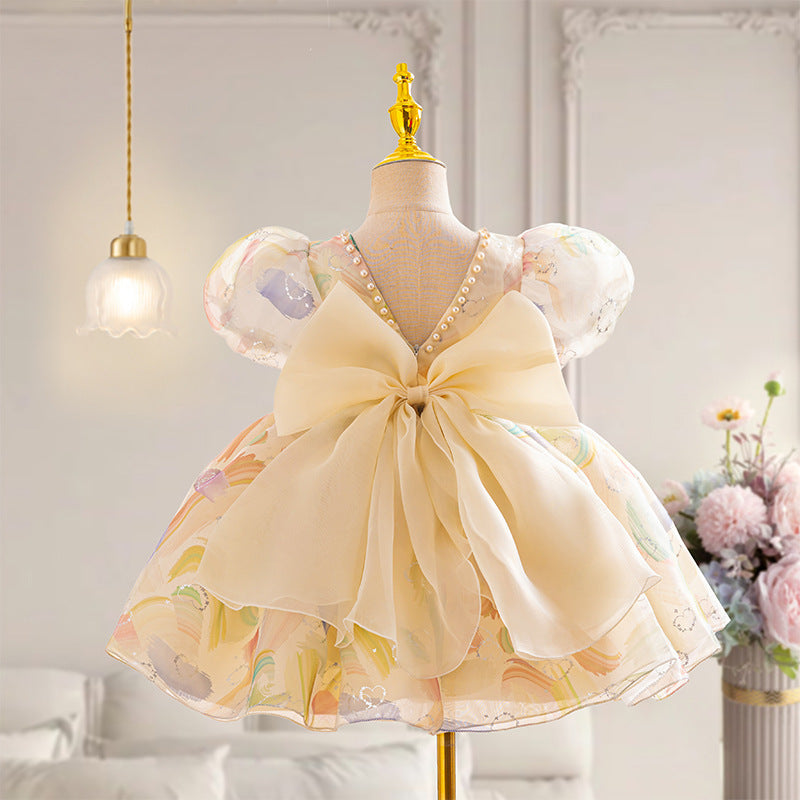 Fashion Puff Sleeve Bowknot Girl Dress