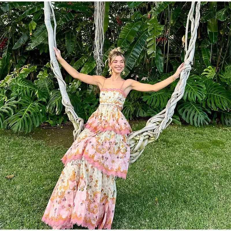 Ruffled Printed Sleeveless Backless Slip Dress