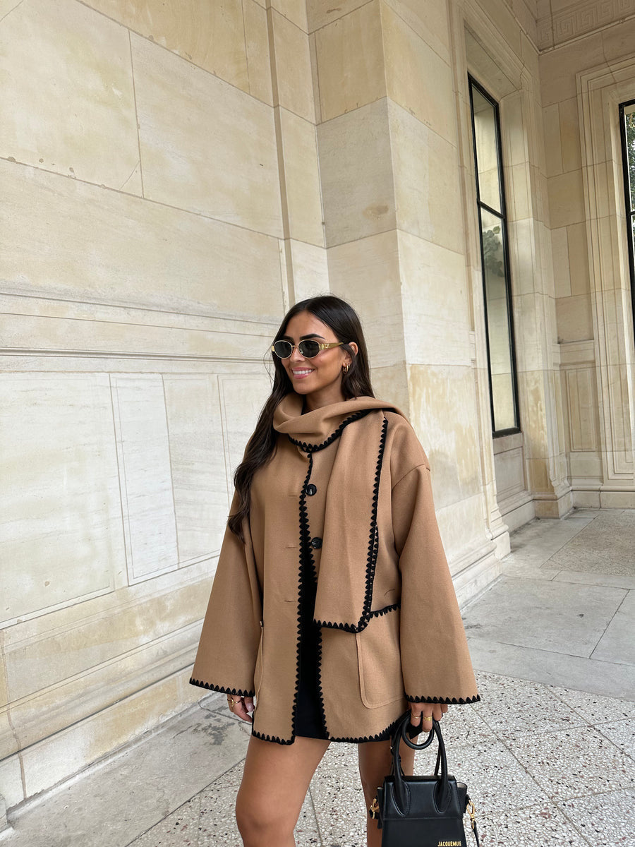 Women's Fashion Color Contrast Scarf Woolen Coat