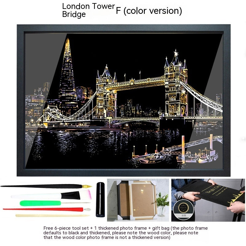 Colourful City Night Scene Hand Scratch Painting