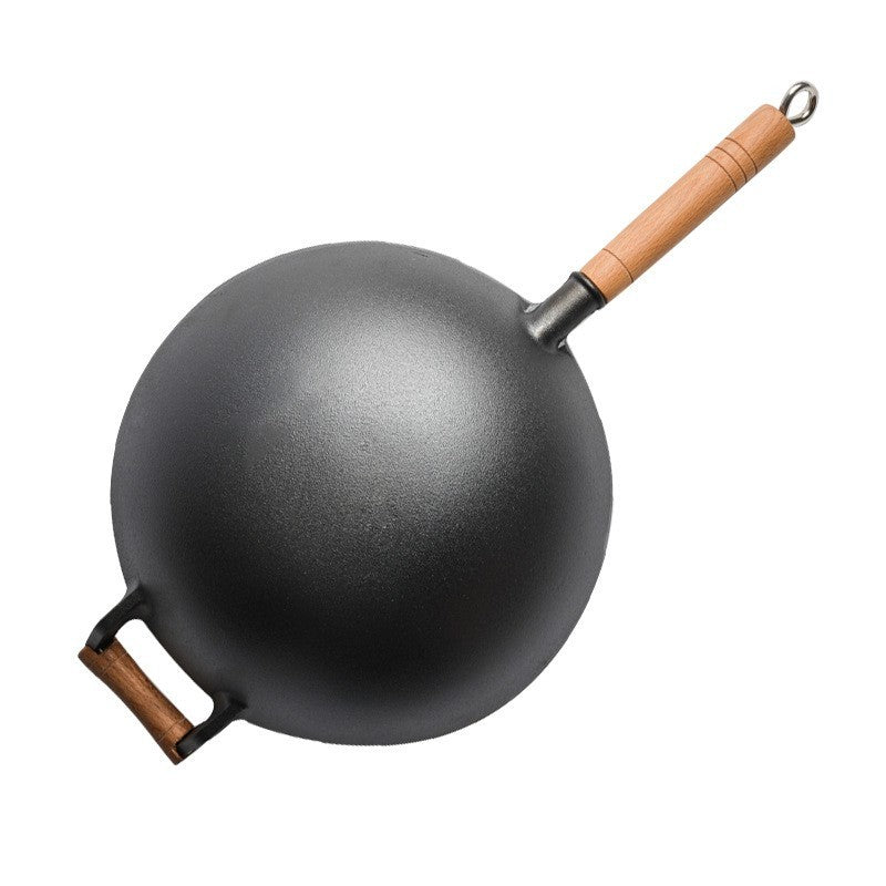 32cm Thick Round Bottom Wooden Handle Non-coated Non-stick Pan