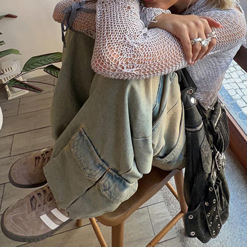 Women's Asymmetric Retro Raw Hem Jeans Straight-leg Overalls