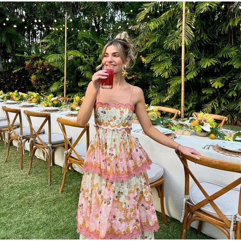 Ruffled Printed Sleeveless Backless Slip Dress