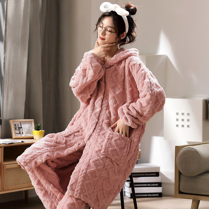 Flannel Thickened Long Jacquard Hooded Home Service Suit