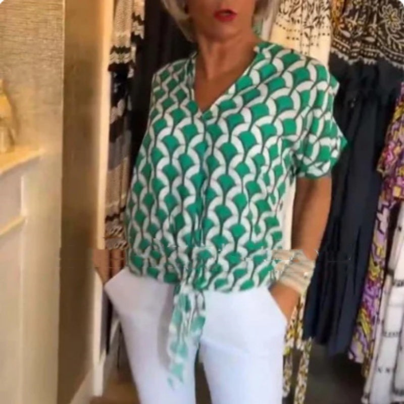 Women's Shirt Summer V-neck Fashion Elegant Printed Shirt