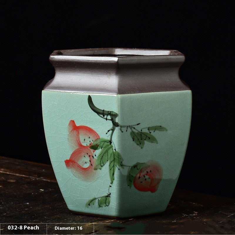 Celadon Hand Painted Ceramic Hexagonal Green Plant Pot