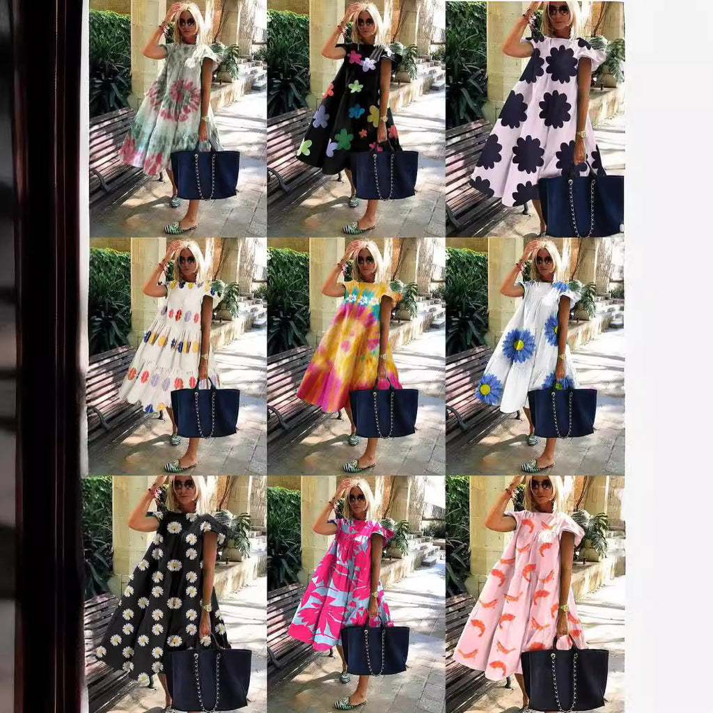 Foreign Trade Cross-border Sweet Holiday Floral Print A- Line Dress