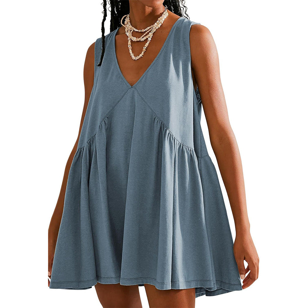 Pleated Pocket V-neck Dress Women's Clothing