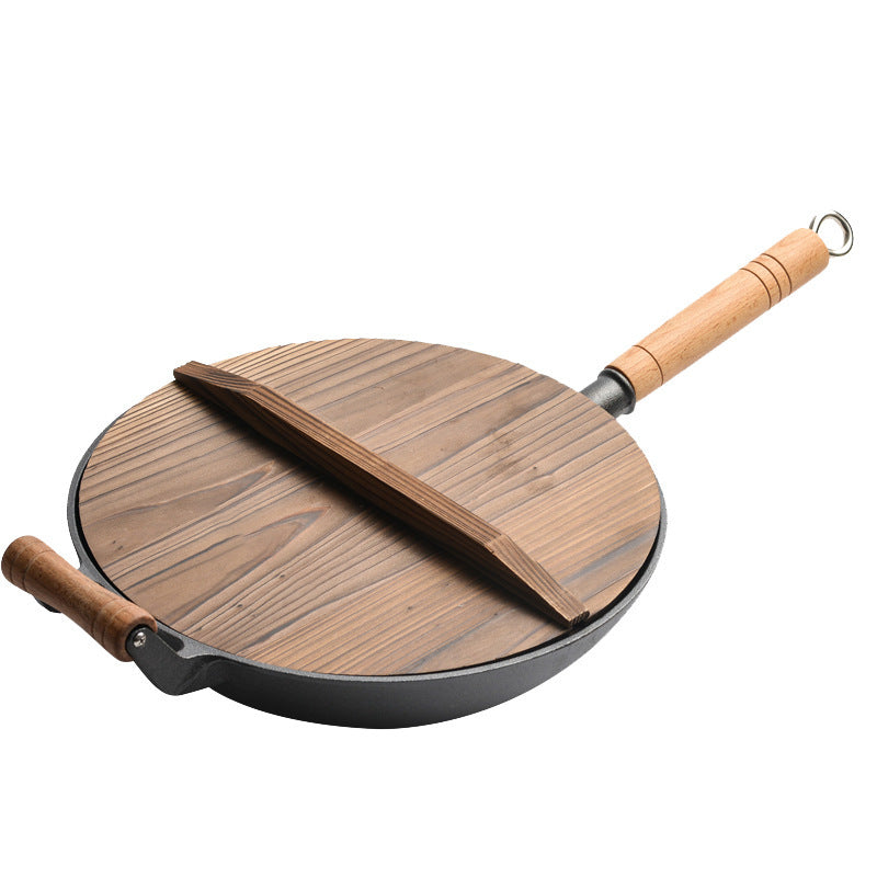 32cm Thick Round Bottom Wooden Handle Non-coated Non-stick Pan