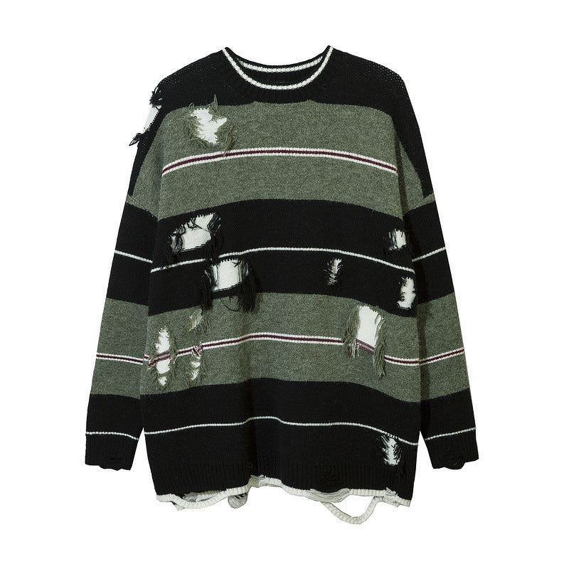 American High Street Dark Ripped Knitted Striped Sweater
