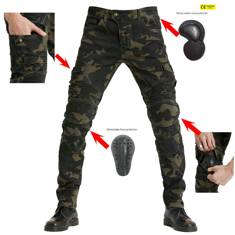 Army Green Tooling Multi-Pocket Motorcycle Stretch Anti-Fall Riding Pants