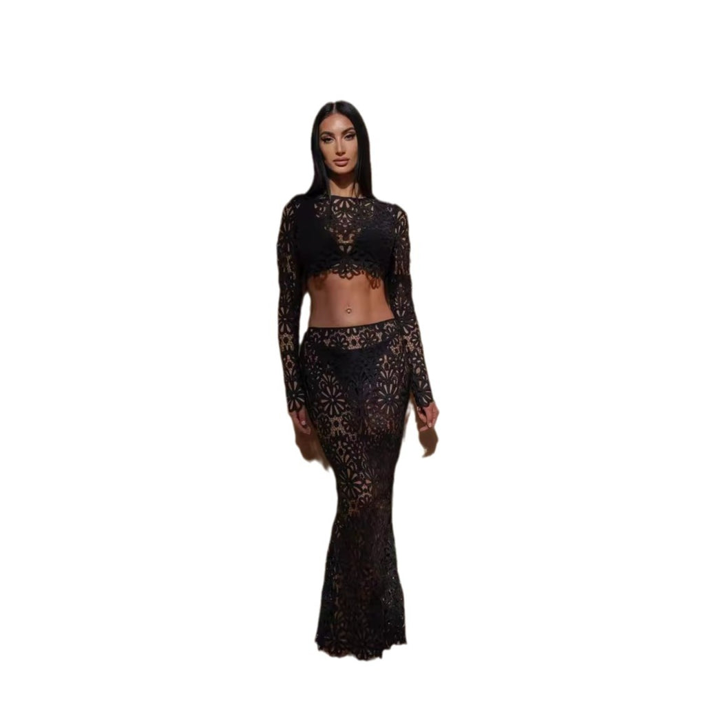 European And American Ladies Slim Fit Hollow-out Lace Tops Skirt Two-piece Suit