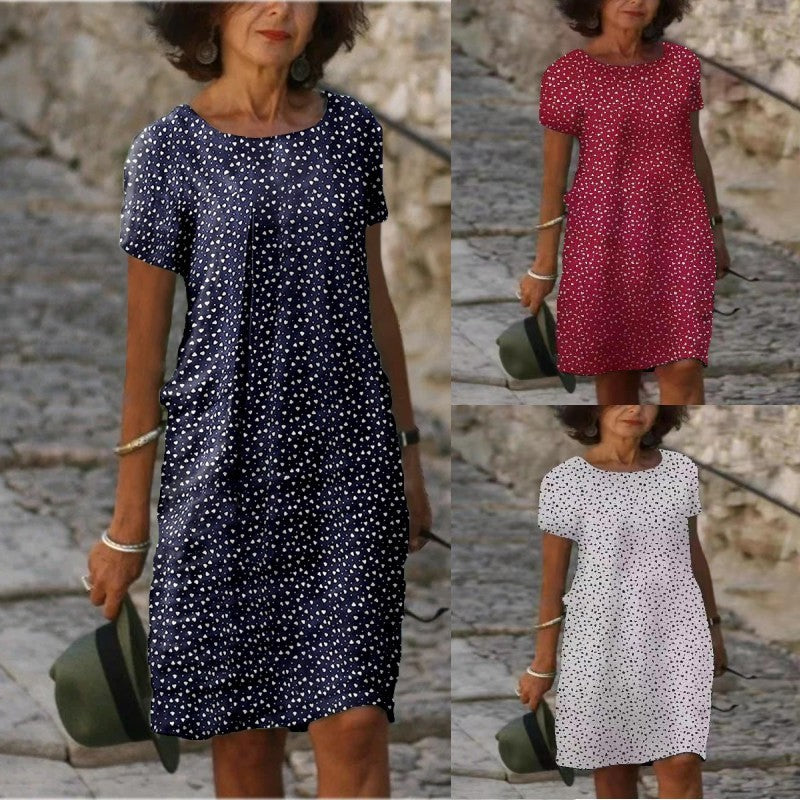 Printed Short Sleeve Round Neck Pullover Midi Dress