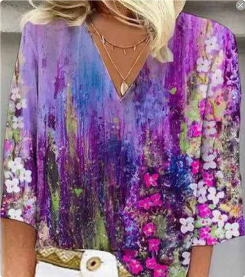 Women's European And American All-matching Printed Casual V-neck Shirt