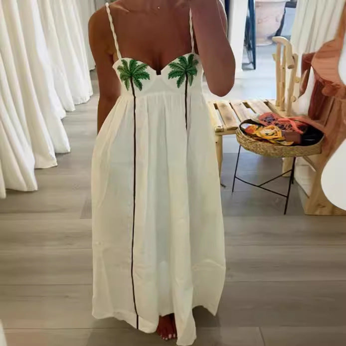 Summer New Fashion Temperament Coconut Tree Printed Suspender Dress