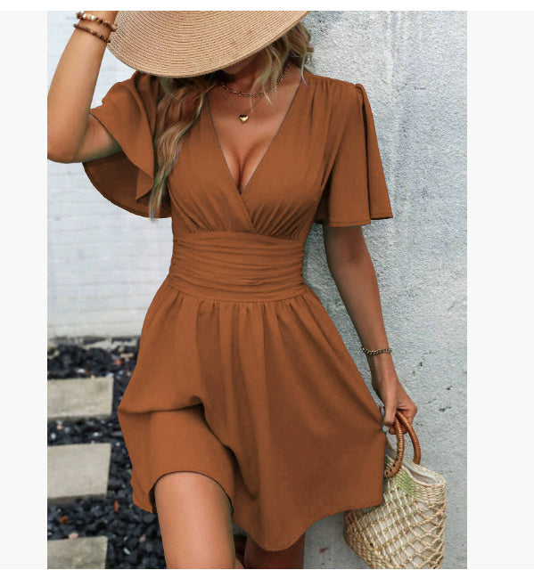 Women's V-neck Butterfly Sleeve Pleated Waist Dress