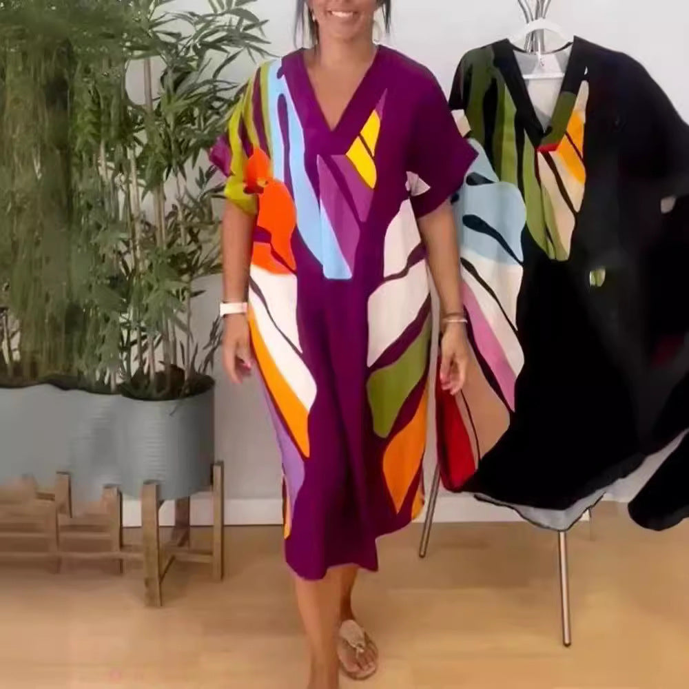 New European And American Women's Clothing Printed Loose Printed Short Sleeve Dress