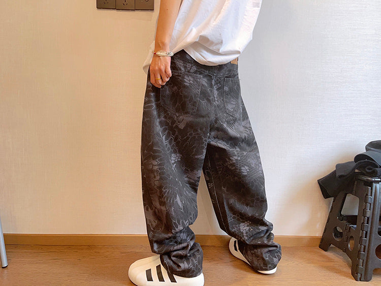 Spring Retro Canvas Snake Pattern Camouflage Heavy Washed Ruan Handsome Loose Casual Pants