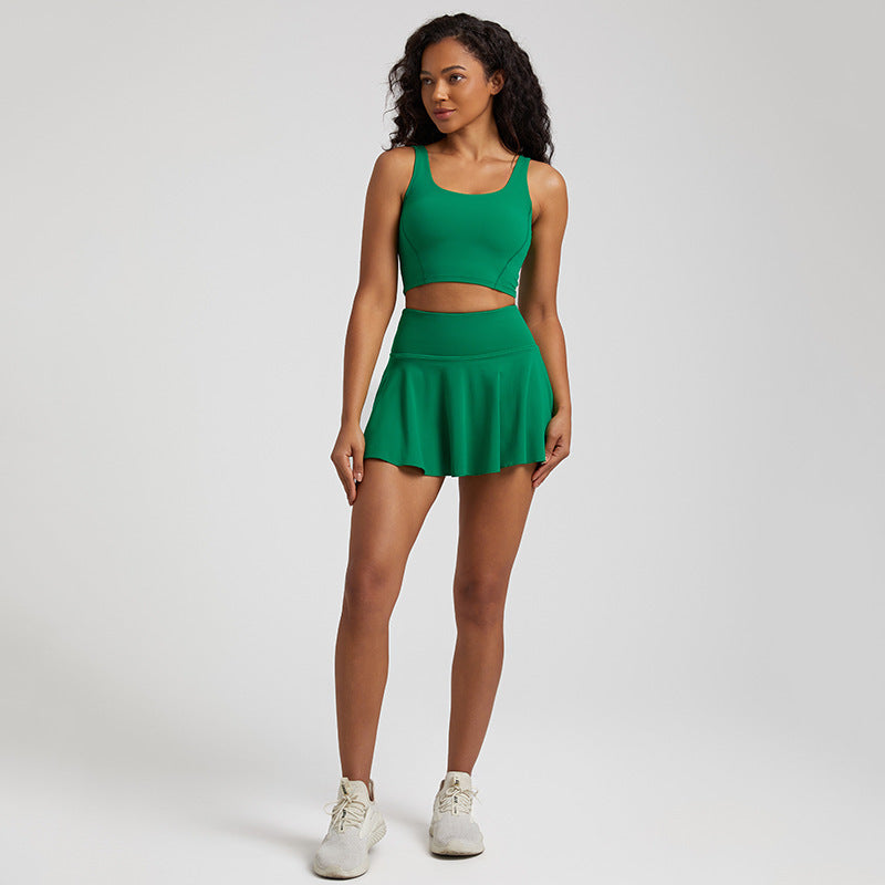 Nude Feel Outdoor Running Fitness Casual Pleated Mini Skirt Vest Suit