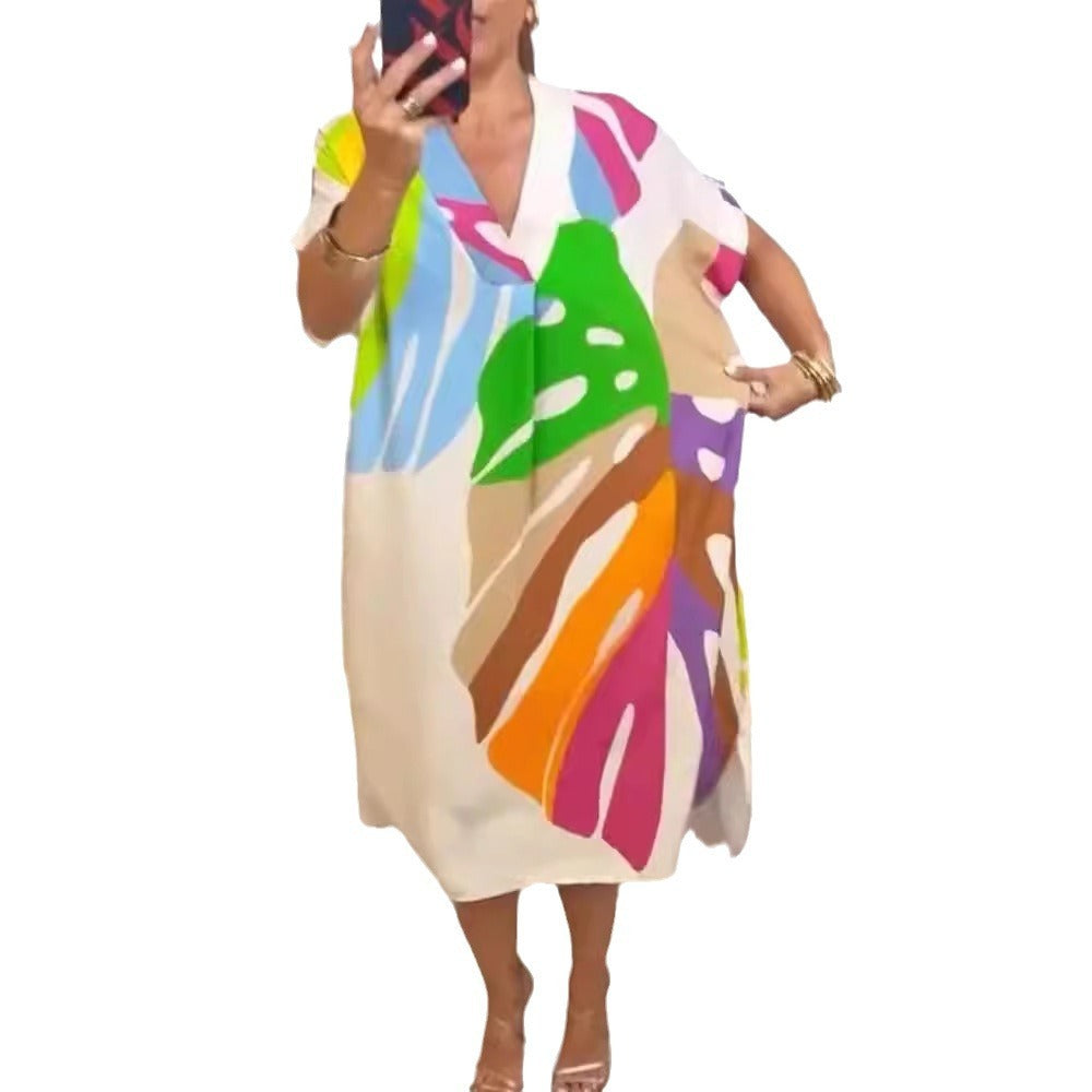 New European And American Women's Clothing Printed Loose Printed Short Sleeve Dress