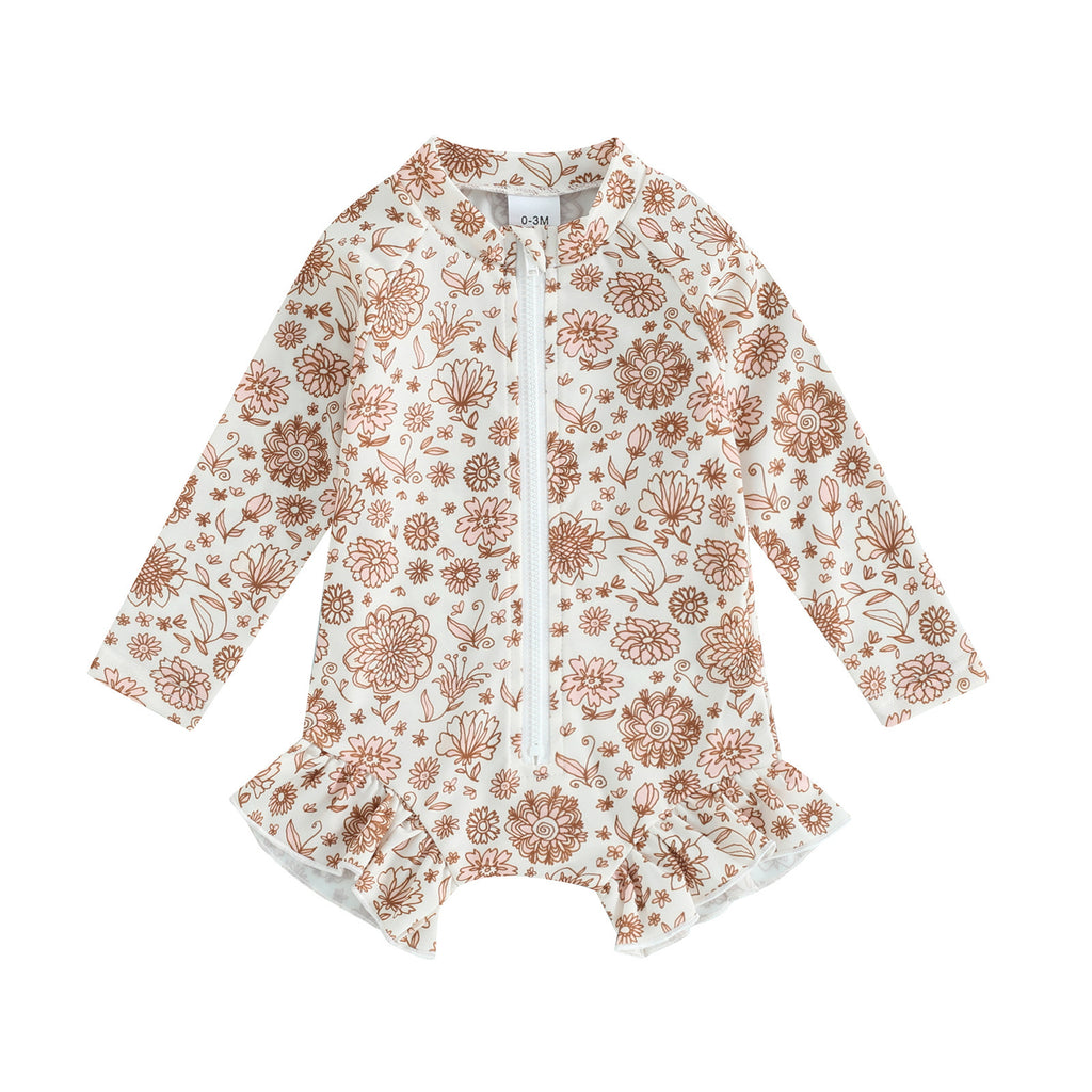 Girls' New Printing Long Sleeve One-piece Swimsuit