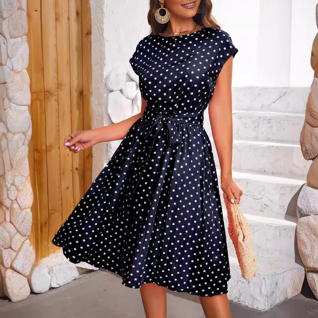 Women's Short Sleeve Lace-up Polka Dots Pleated Dress