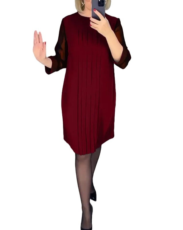 Lace Sleeve Round Neck Pleated Long Sleeve Dress Women's Clothing