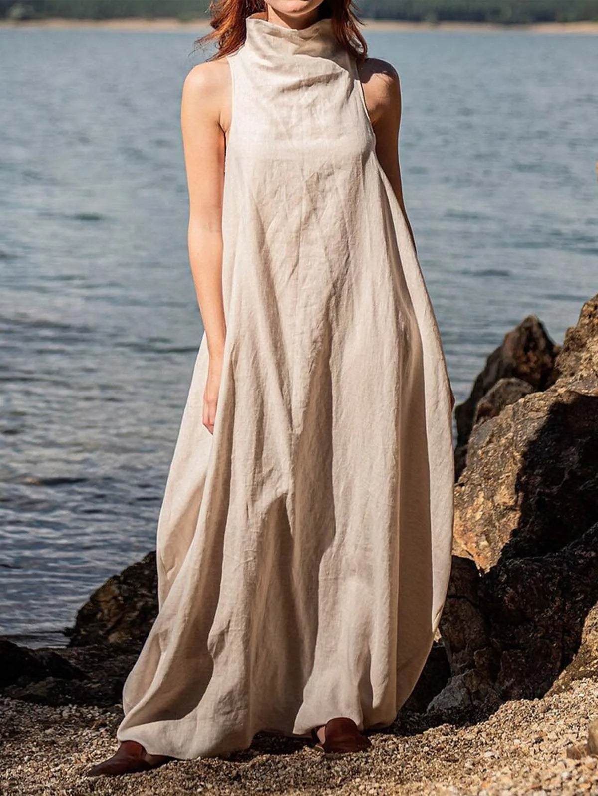 Leisurely Fashion Ladies Stand Collar Back Wrinkle Linen Extra Long Dress